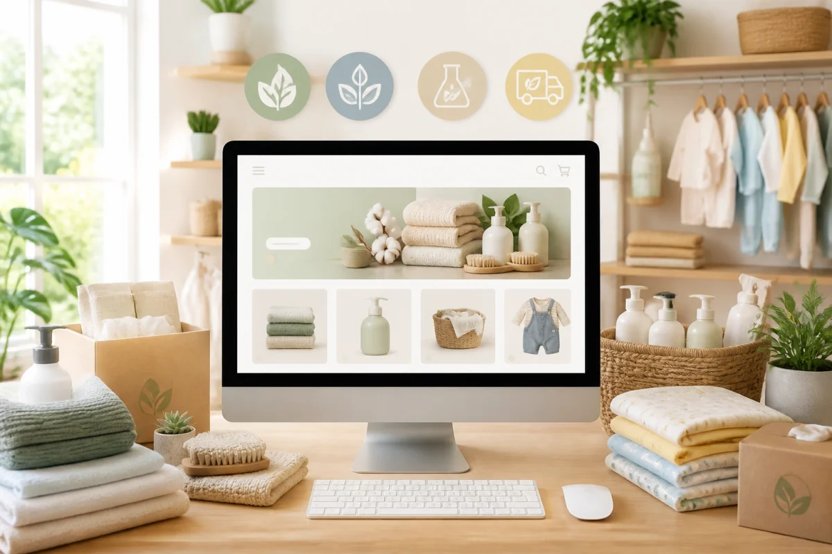 Boutique en ligne écoresponsable illustrant une proposition de valeur unique, avec produits biologiques et linge pour bébé.