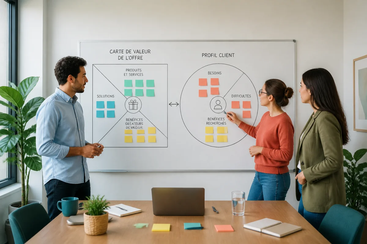 Équipe diverse analysant une proposition de valeur unique sur un tableau, entre profil client et carte de valeur.